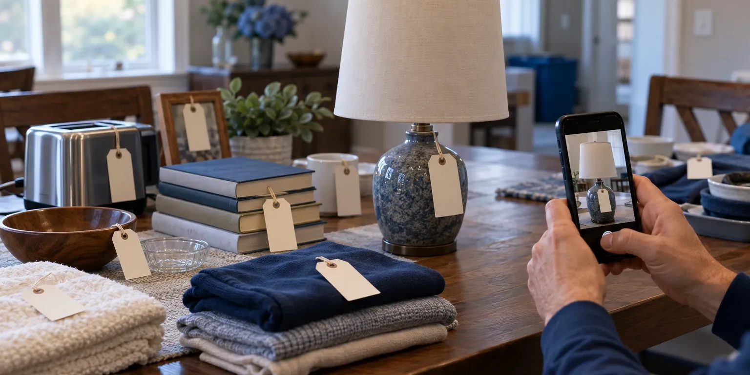 Household items laid out in rows on a table, one being photographed with a phone