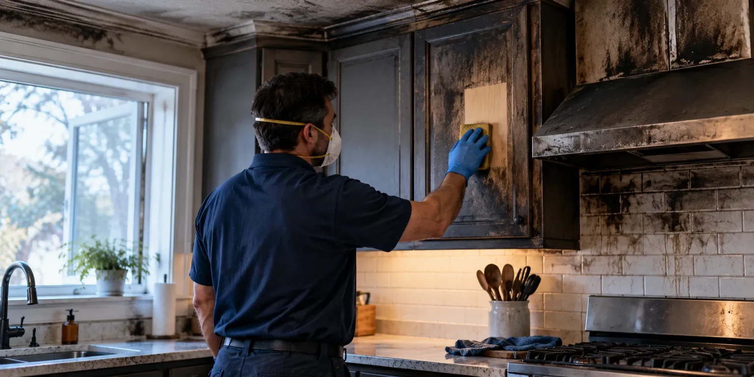 A technician in a respirator wiping a soot test patch on a kitchen cabinet after a fire