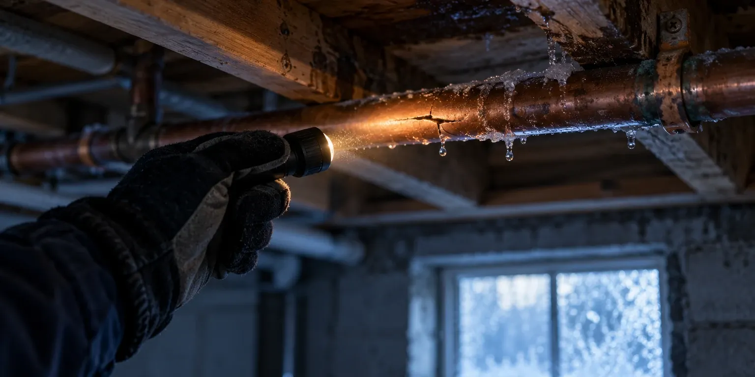 A flashlight on a split copper pipe in a cold basement ceiling