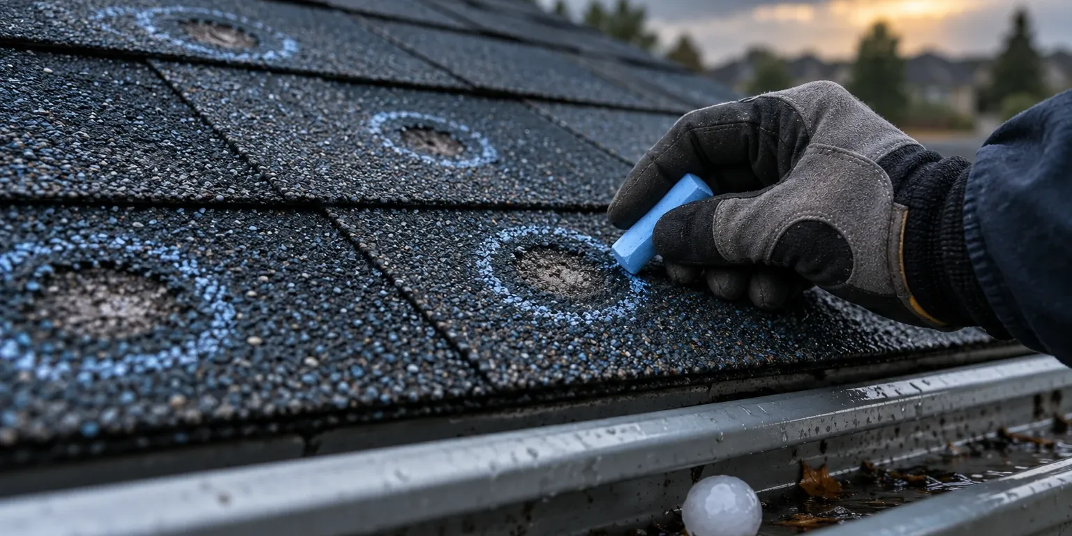 Round hail bruises on asphalt shingles, marked with chalk
