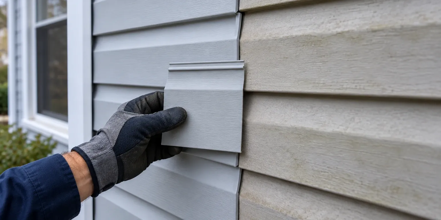 New siding meeting faded older siding of the same profile, a sample held against it