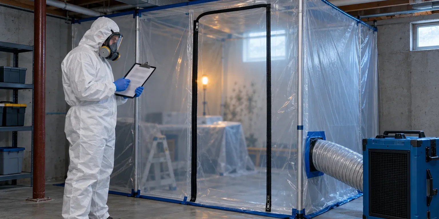A sealed mold containment area with an air scrubber and a technician in protective gear