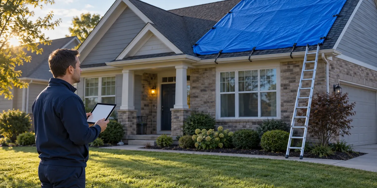An adjuster on the lawn looking at a tarped roof