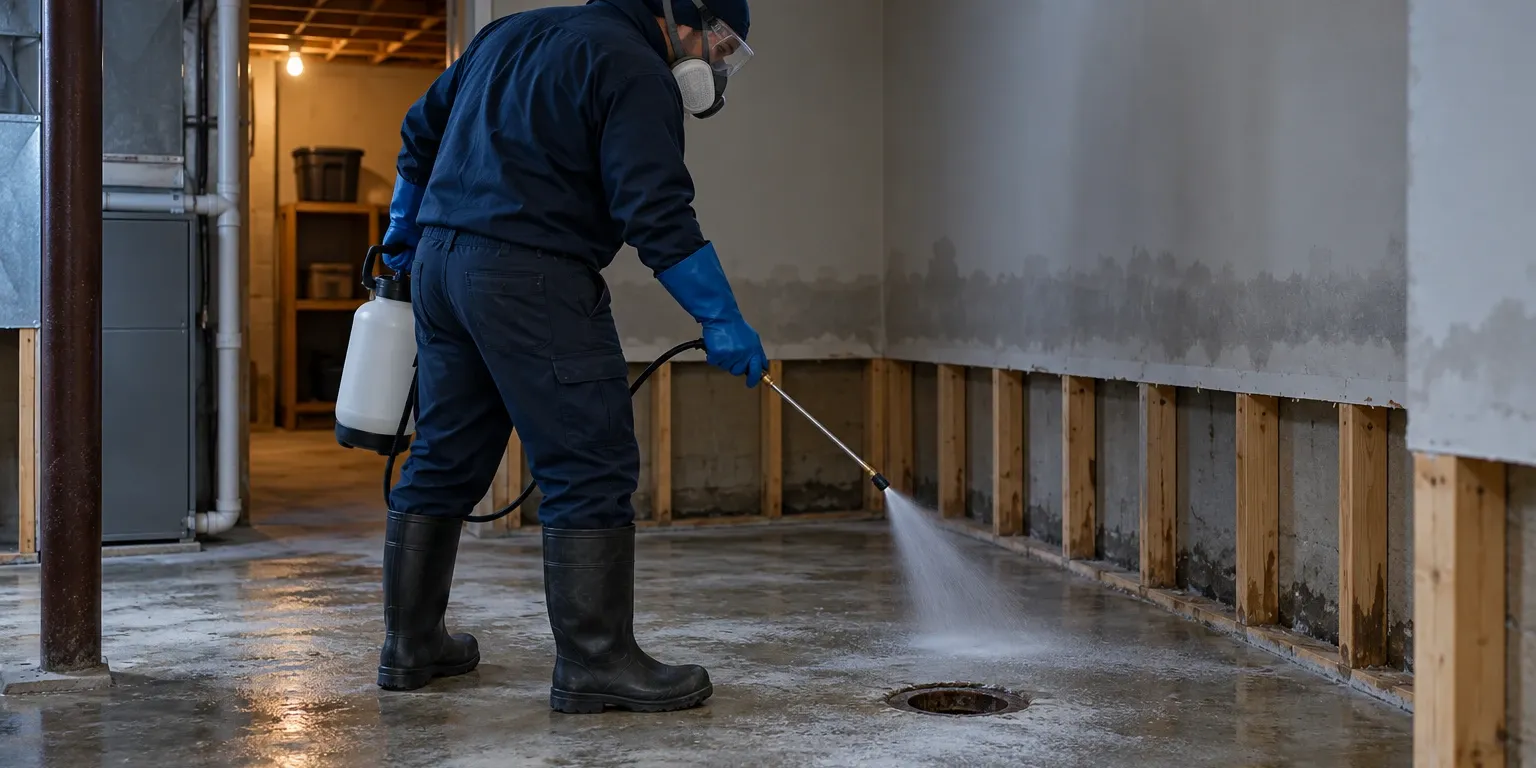 A technician in protective gear disinfecting a basement floor after a sewage backup