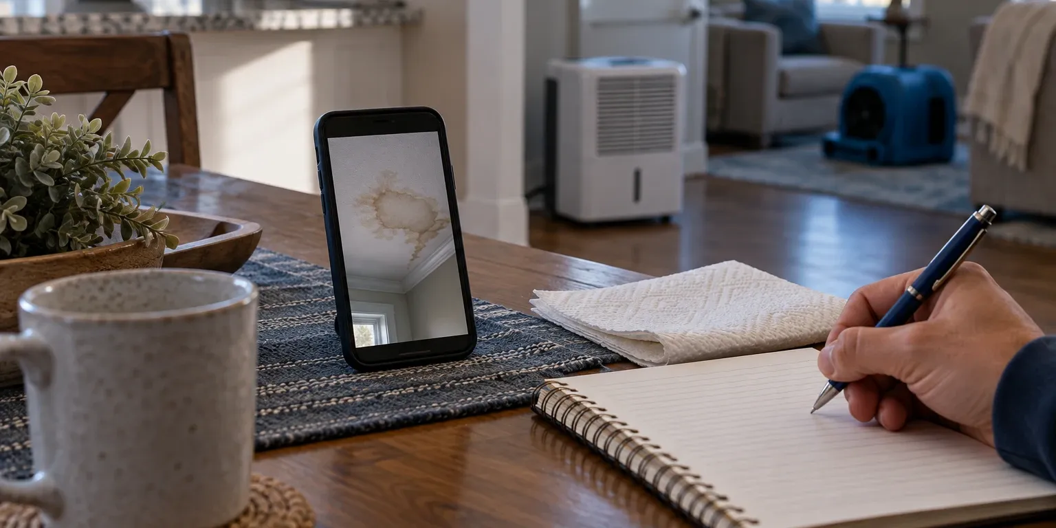 A homeowner at the kitchen table writing notes next to a phone photo of ceiling damage