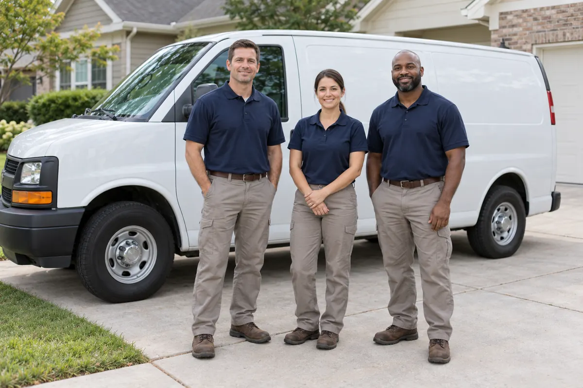 A three-person restoration crew beside an unmarked white van