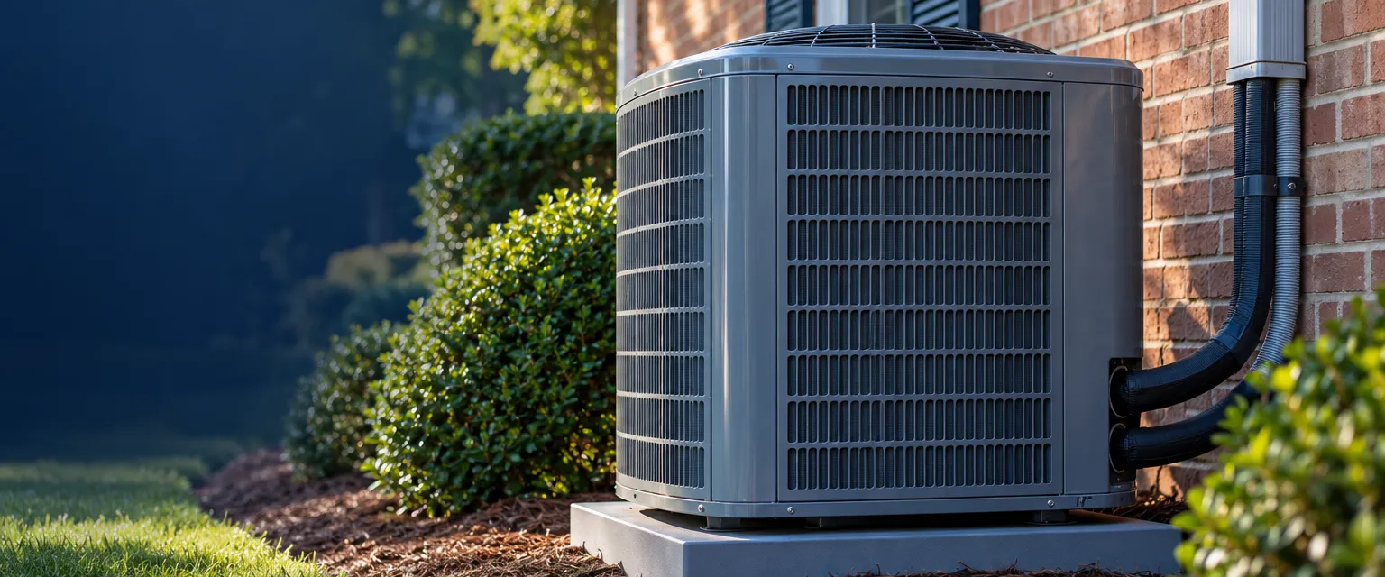 A new outdoor air conditioner condenser on a level composite pad beside a brick ranch house, insulated refrigerant lines in a tidy cover running up the wall, mulch and boxwood shrubs around it