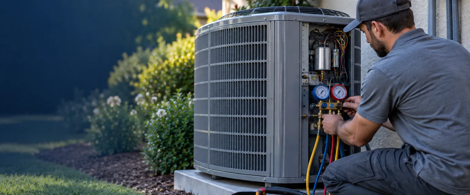 A technician kneeling beside an outdoor condenser with its service panel removed, attaching refrigerant gauge hoses to the service ports, a tool bag and a capacitor box on the grass beside a stucco wall