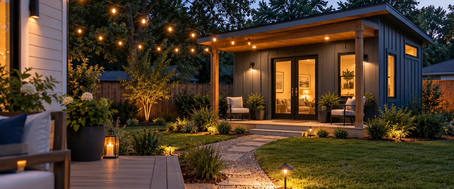 A small modern backyard cottage with board-and-batten siding, a covered porch and a gravel path lit by string lights at dusk