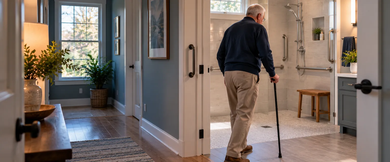 A single-level home's hallway with a widened doorway, grab bars and a curbless shower beyond, an older man with a cane walking through
