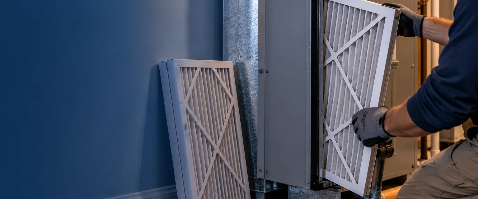 Gloved hands lifting a thick pleated filter out of a media air cleaner cabinet beside a furnace, a second clean filter leaning against the wall