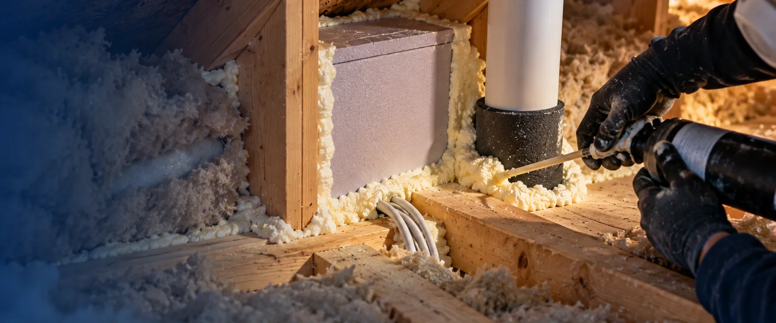Gloved hands applying expanding foam around a pipe through an attic top plate, other gaps already sealed and foam board over a chase, lit by a headlamp