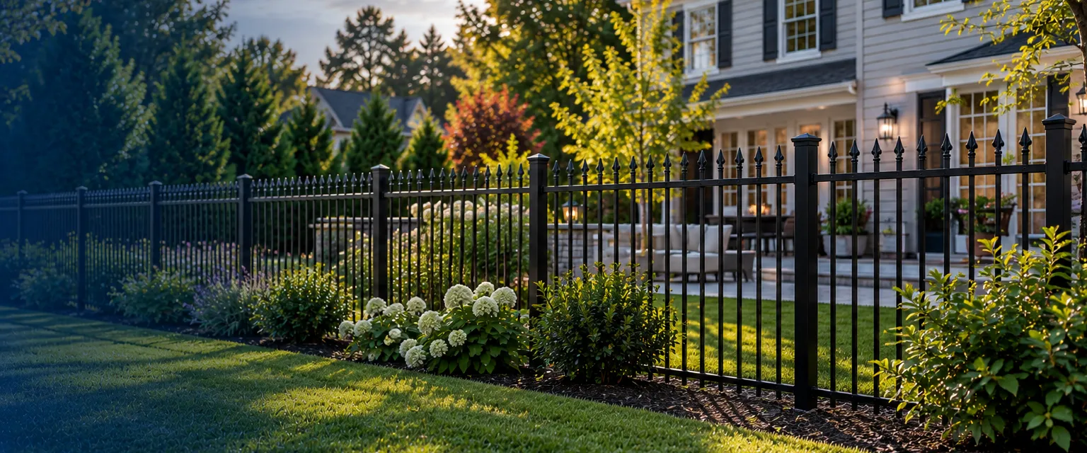 A black powder-coated aluminum fence with slim pickets and spear tops along a manicured backyard, patio and garden beds visible through the slats