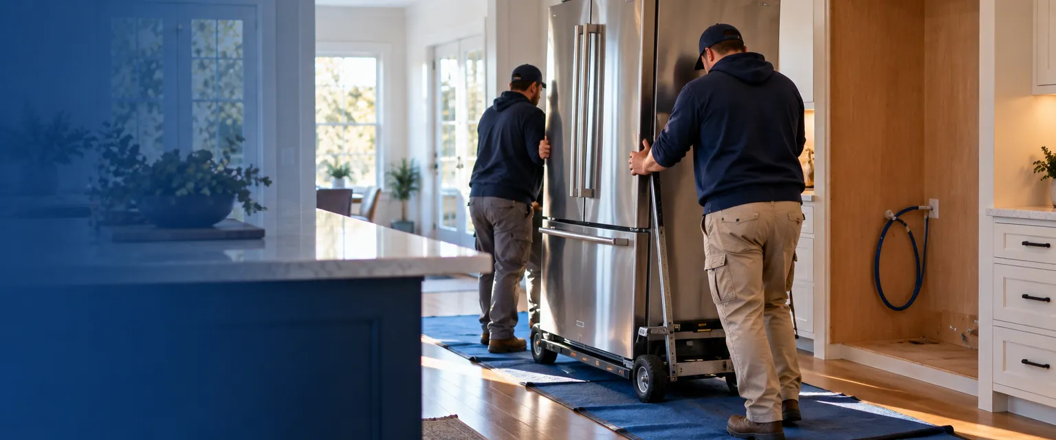Two installers wheeling a stainless steel refrigerator on a dolly over floor runners into a bright kitchen, the empty alcove and coiled water line waiting
