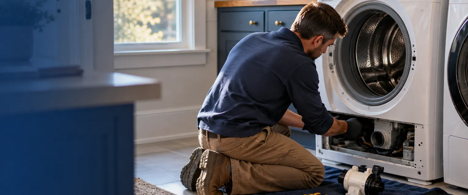 A technician kneeling before a front-load washer with its lower panel off, the cord unplugged and coiled on top, a new drain pump and tools on a towel