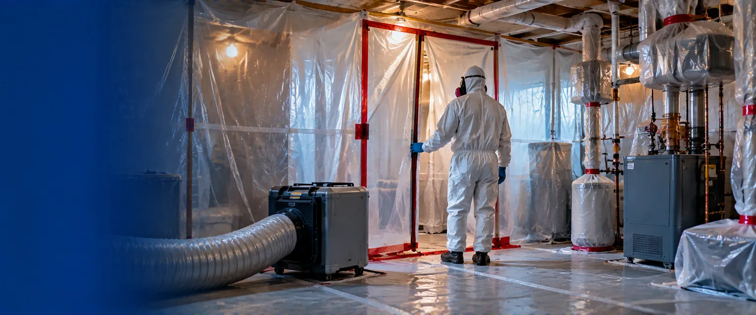 A basement boiler room wrapped in thick plastic with an air-lock entry, pipes in sealed bags, a worker in a full suit checking the seal