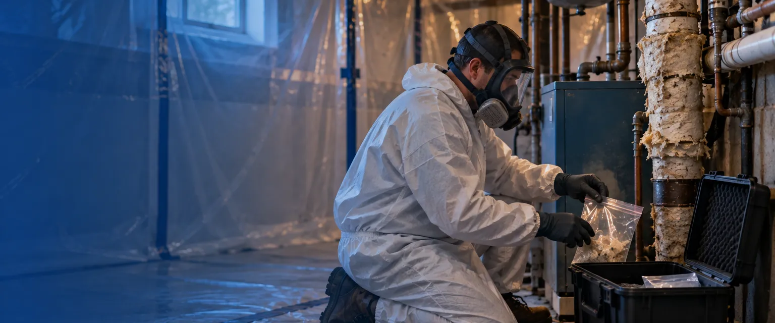 A technician in a full-face respirator and disposable coveralls placing a sealed sample bag into a hard case in a basement boiler room sealed with plastic