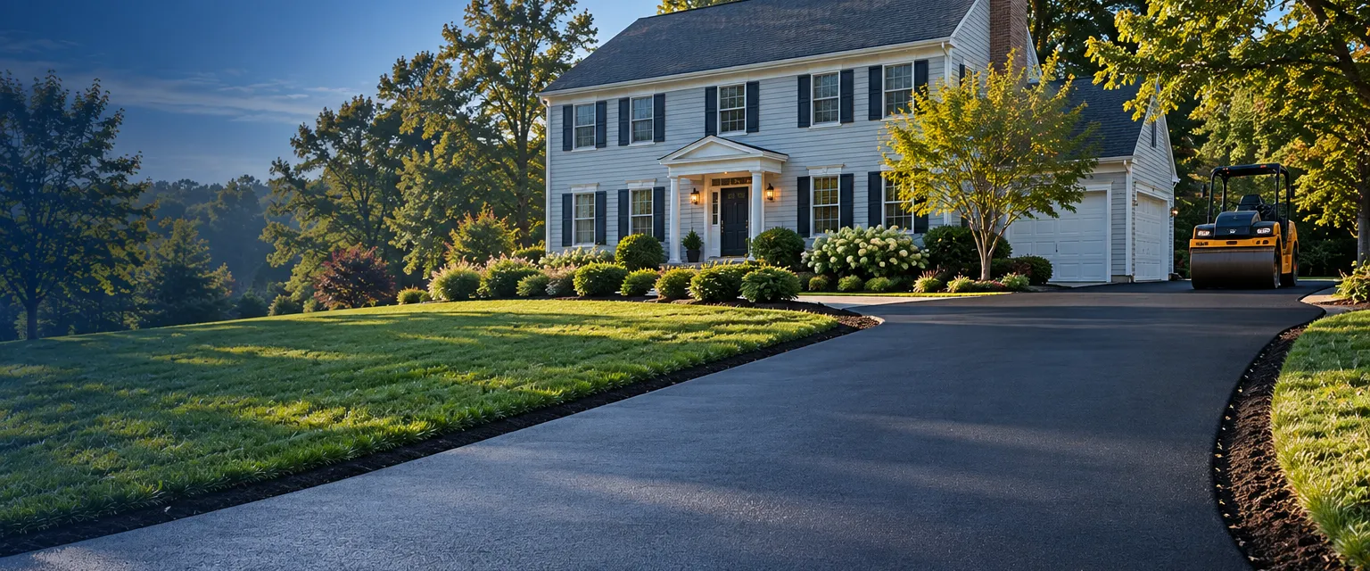 A freshly paved black asphalt driveway with rolled edges curving up to a colonial home, a small roller parked at the far end