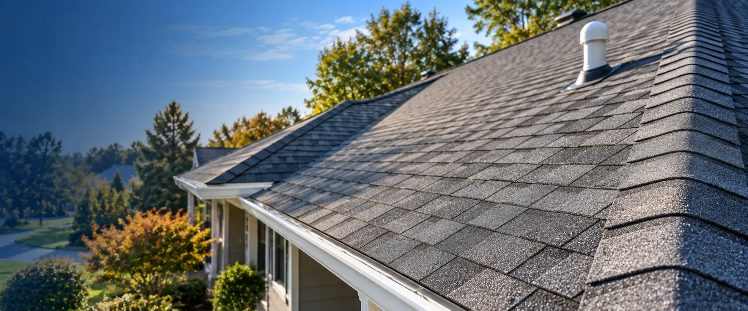 A newly installed gray architectural asphalt shingle roof on a suburban ranch with a clean ridge cap and a white vent boot under a blue sky