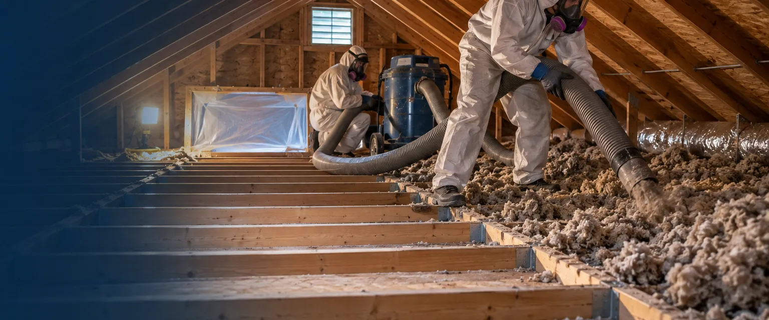 Two workers in respirators, coveralls and gloves vacuuming old insulation from an attic through a wide hose, a cleared section of joists and plastic sealing the hatch