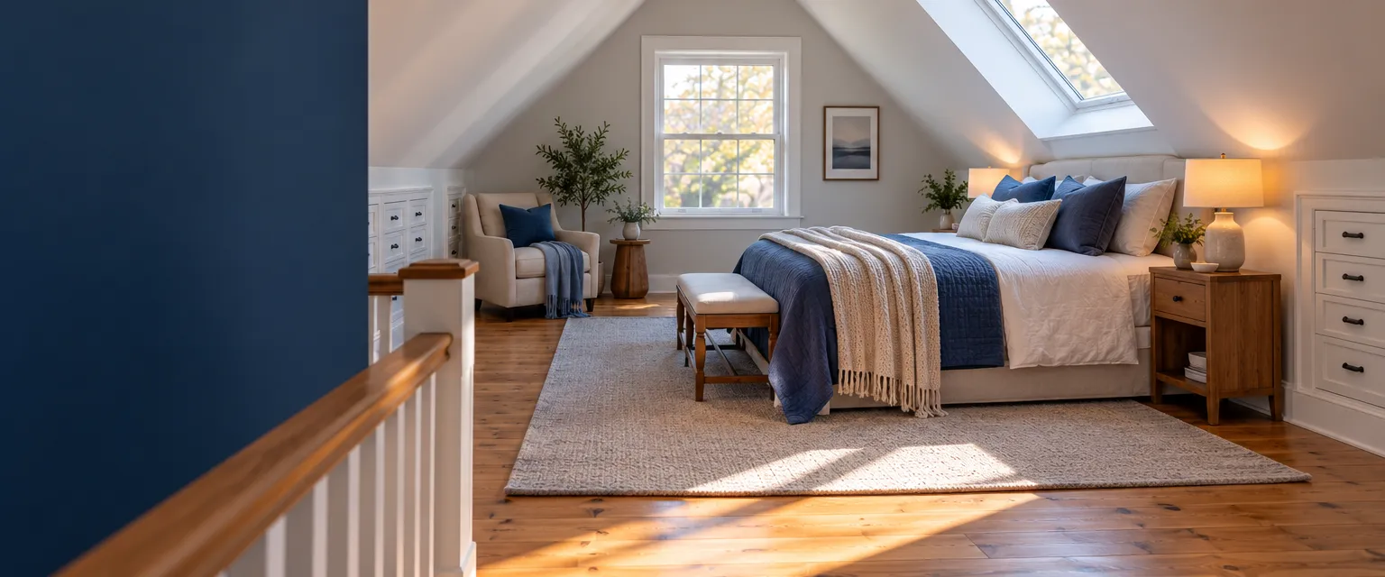 A converted attic bedroom under white sloped ceilings with exposed collar ties, a skylight over the bed and built-in knee-wall drawers
