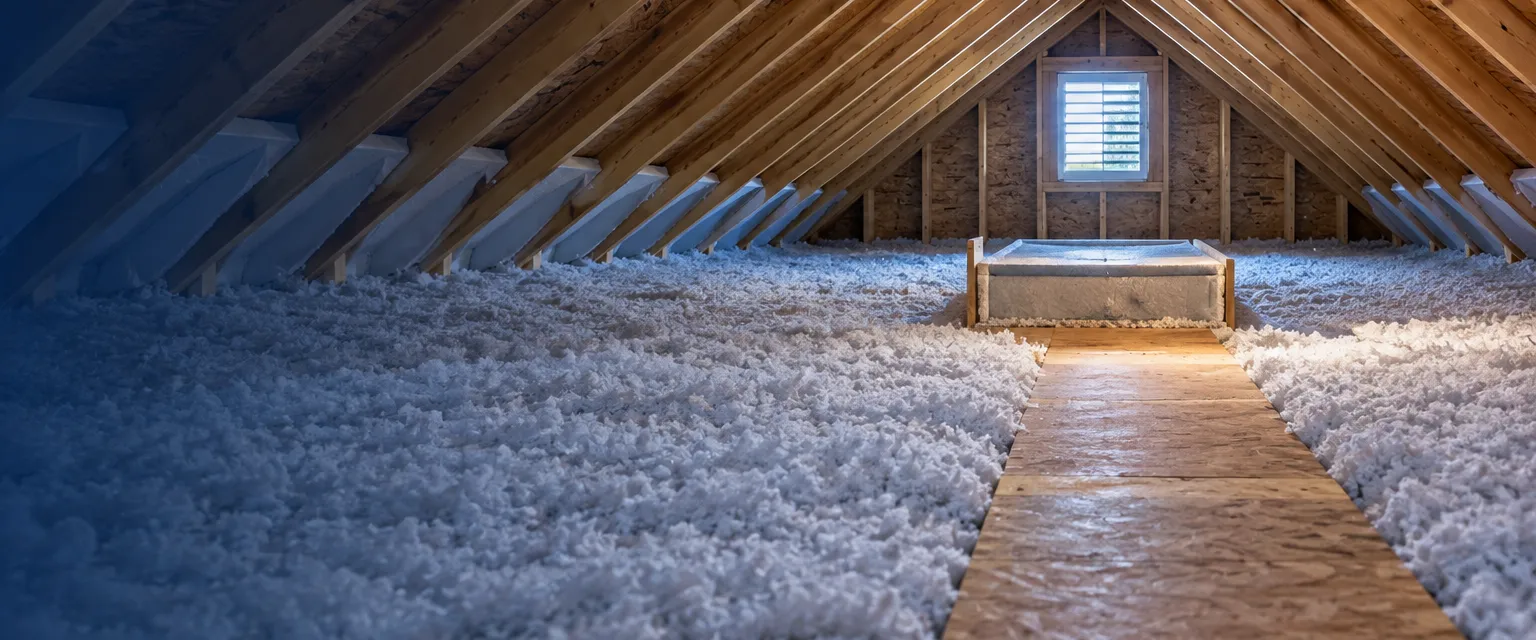 A peaked attic with a deep even layer of loose-fill insulation over the joists, foam baffles at the eaves and a plywood walkway to an insulated hatch