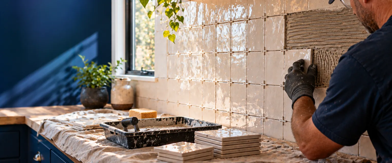 A tile setter pressing glossy white handmade tiles into thinset on a kitchen backsplash, spacers between rows, the counter covered