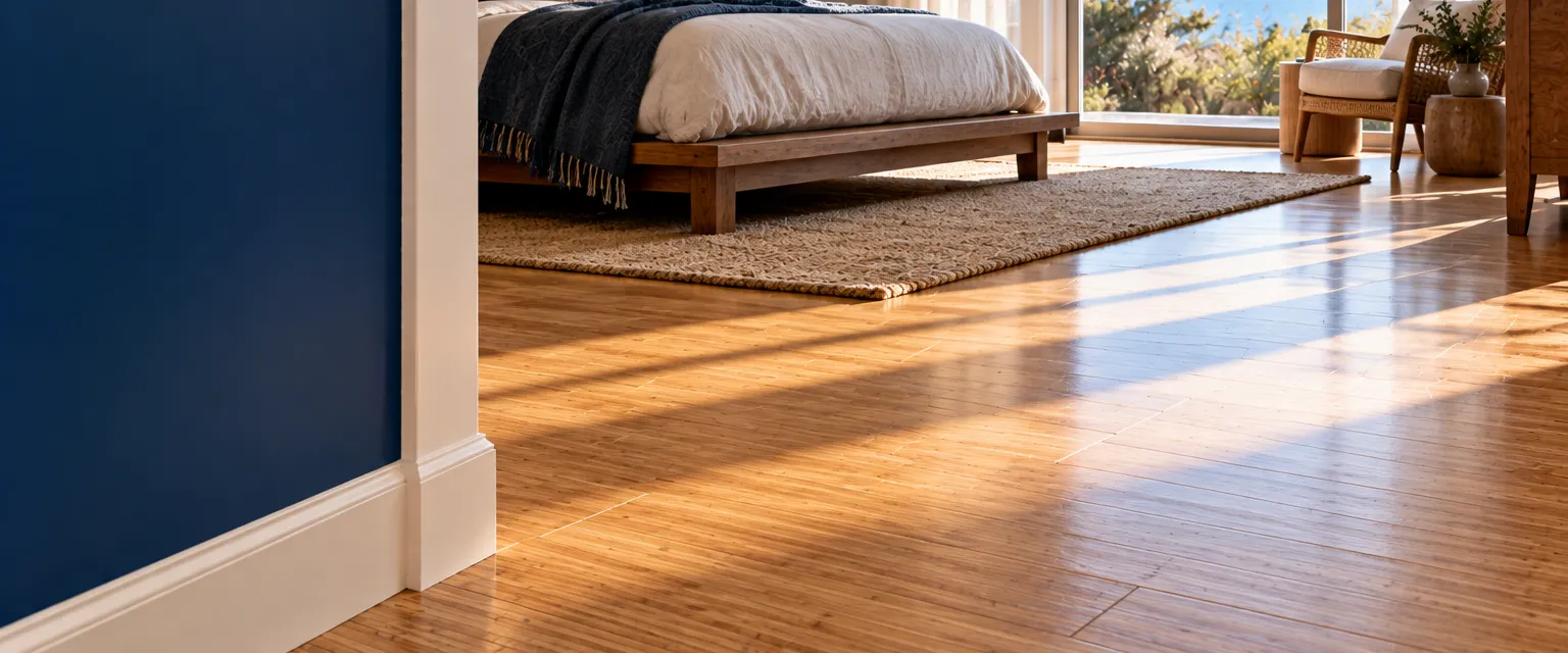A calm coastal bedroom floored in honey-toned strand-woven bamboo with its tight grain, a low platform bed and linen curtains