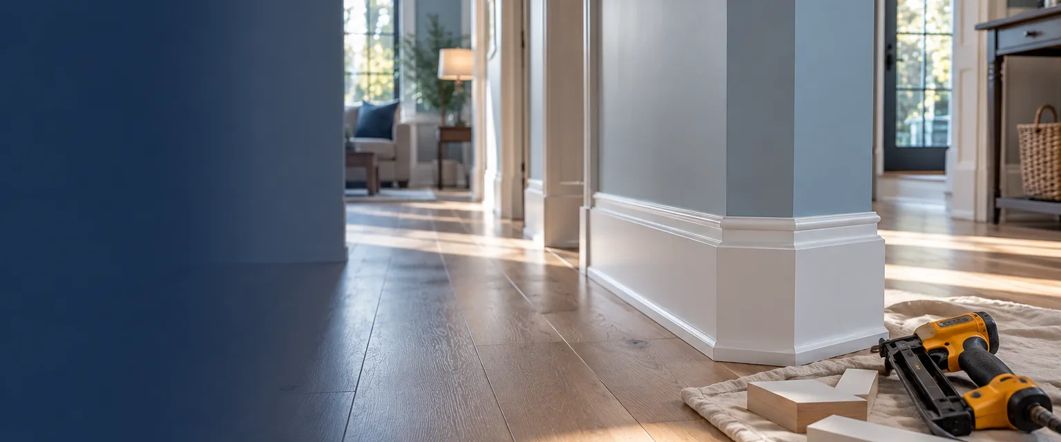 A floor-level view along a farmhouse hallway with tall square-edged white baseboards over wide-plank flooring and a nailer on a drop cloth
