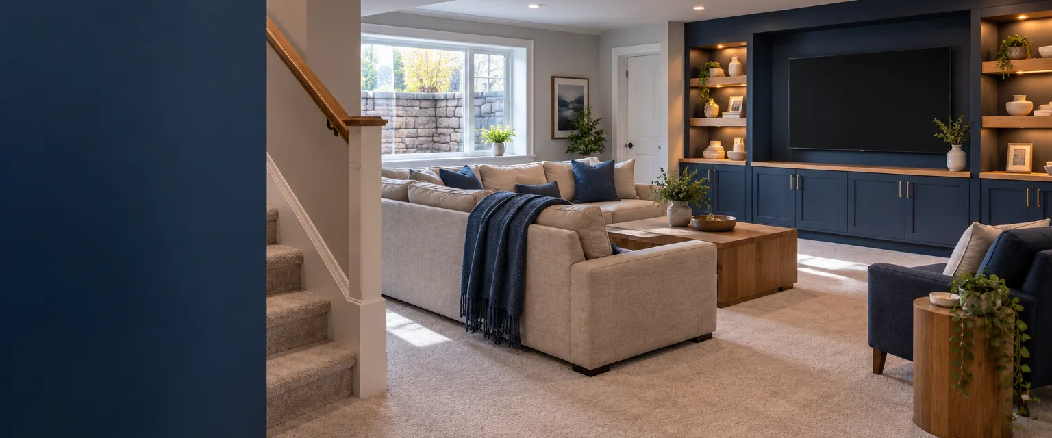 A finished basement family room with light carpet, recessed lights, a built-in media wall and a deep egress window well