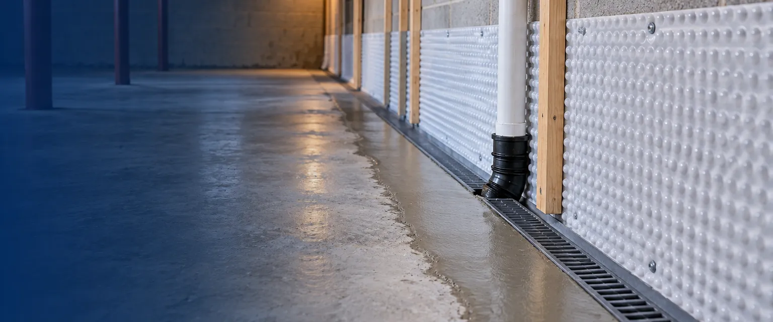 An unfinished basement with a newly installed interior drainage channel along the base of a concrete block wall, dimpled membrane on the lower wall and a fresh concrete patch over the trench