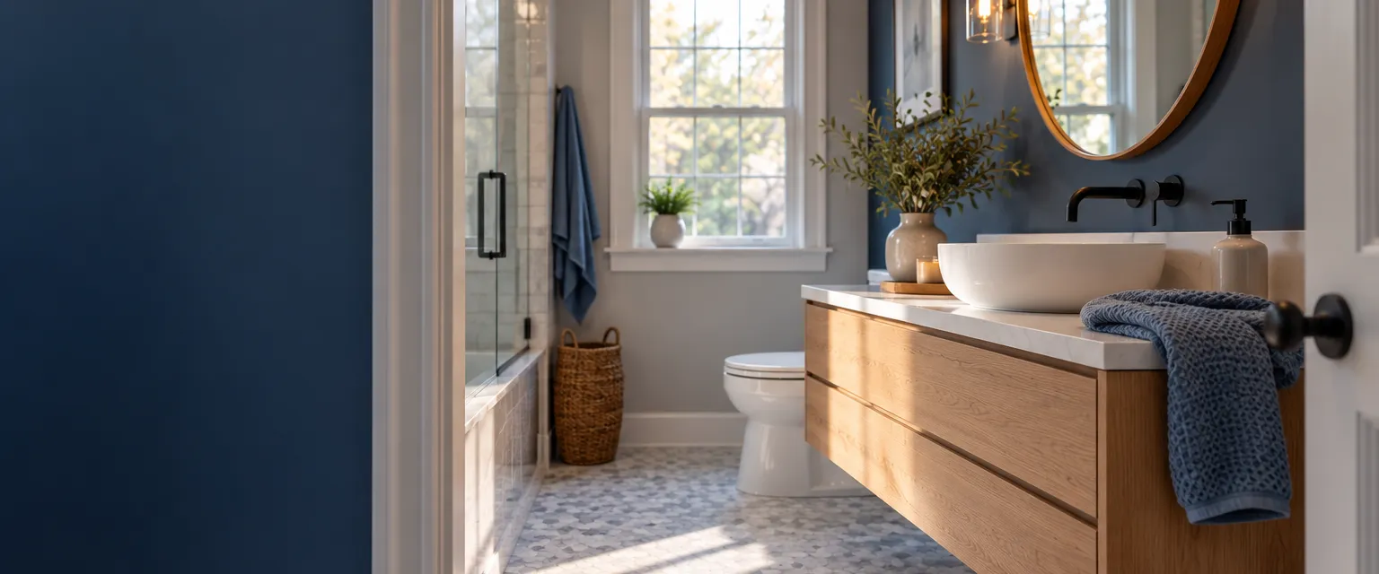 A finished hall bathroom with a floating oak vanity, a white vessel sink, hexagon floor tile and a round mirror