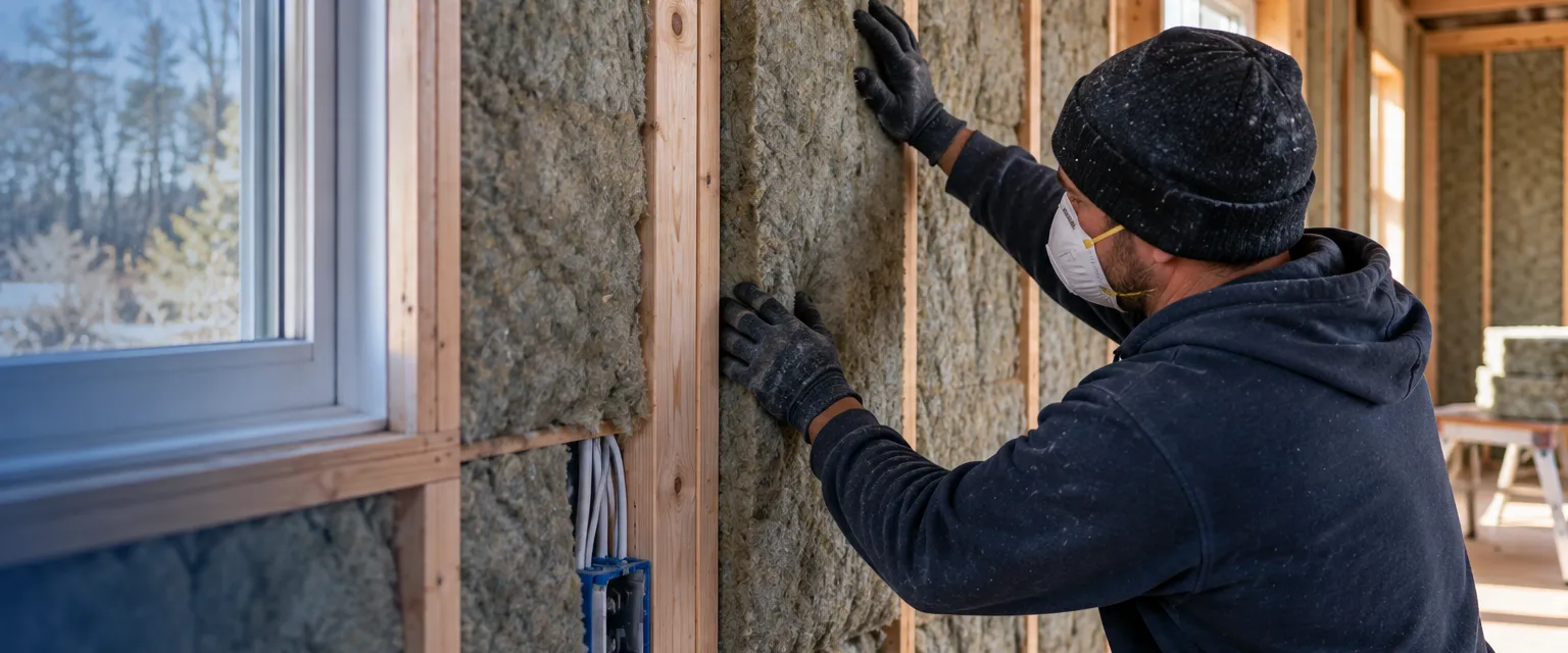 Gray-green mineral wool batts fitted between the studs of a new addition and cut around an electrical box and window, an installer pressing in the last batt