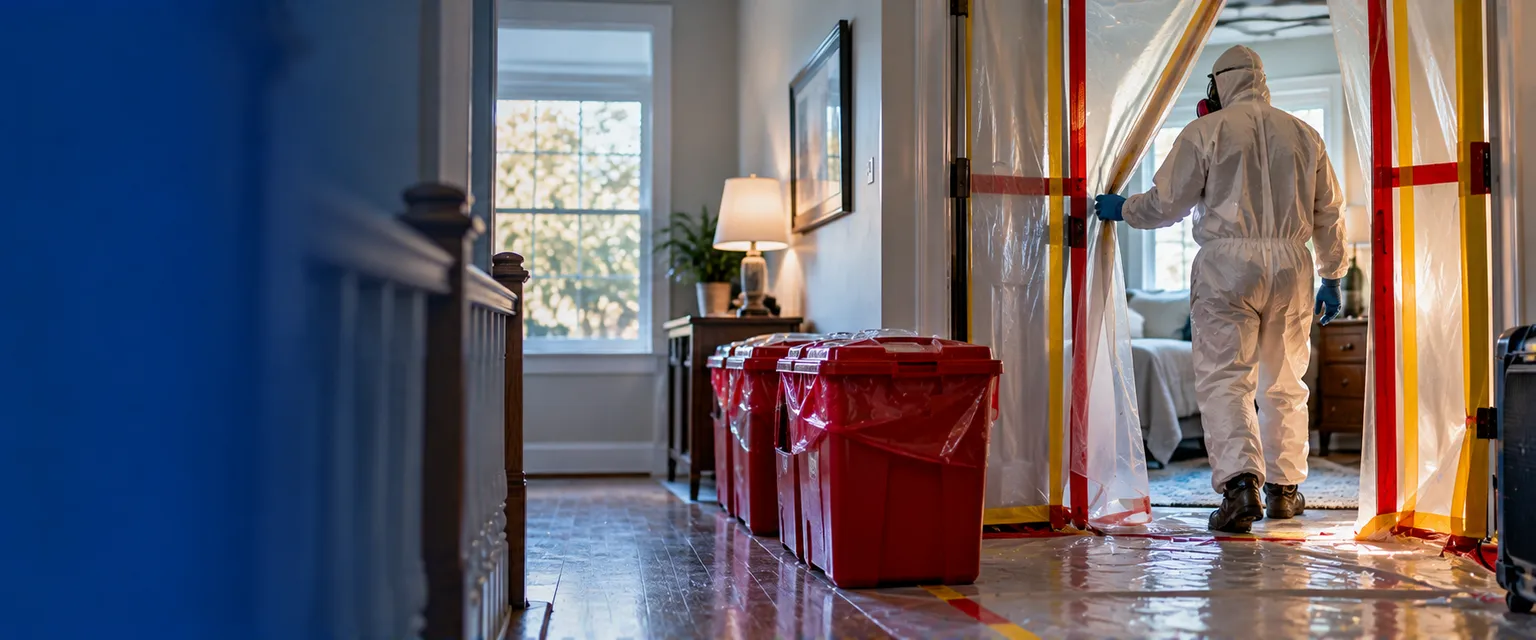 A hallway with a sealed bedroom doorway, red hazardous-waste containers lined up, and a technician in a protective suit entering
