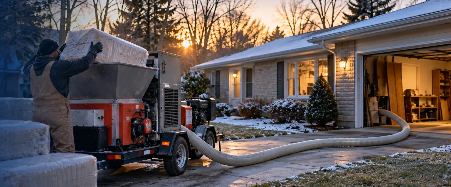A worker in a respirator and coveralls feeding a bale into an insulation blowing machine on a trailer, a hose running across the lawn into a ranch house garage