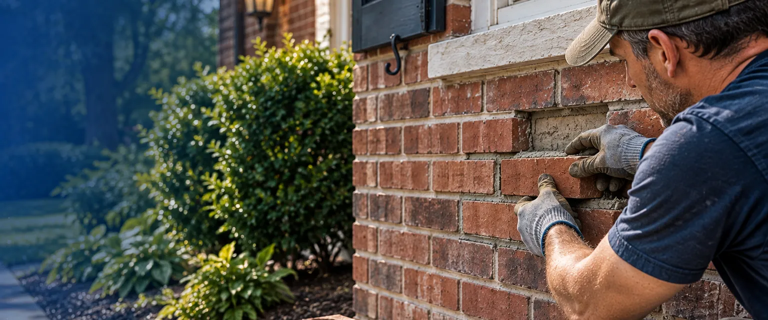 A mason in gloves setting a matching replacement red brick into an older brick house wall, fresh mortar neatly struck, a trowel and mortar board beside him