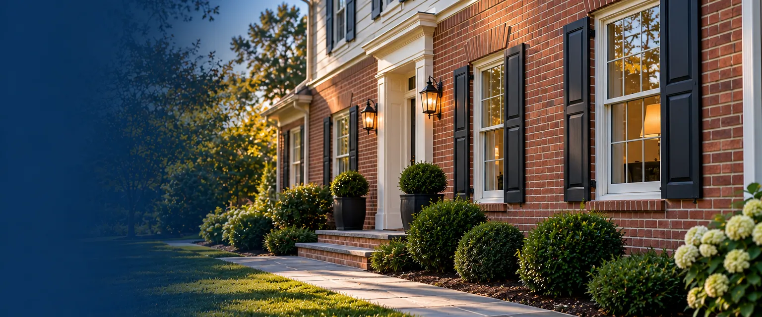 A colonial-style home with new red brick veneer across the lower facade, even mortar joints, a soldier course over each window and a white painted door, boxwood shrubs along the walk