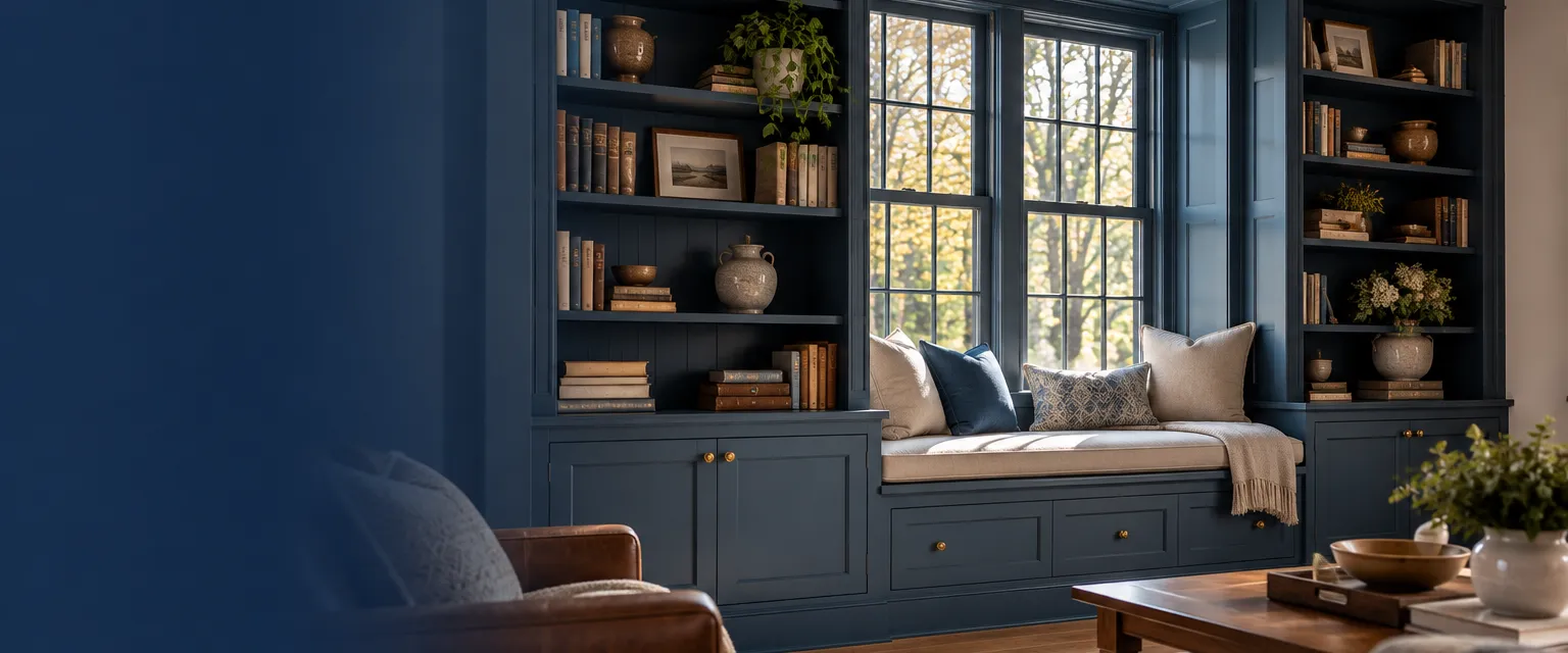 A craftsman den with a painted built-in bookcase wall flanking a window seat, shelves of books and pottery, afternoon light on the cushion