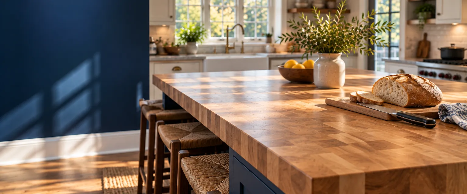 A farmhouse kitchen island topped with thick end-grain maple butcher block oiled to a warm glow, a loaf of bread and a knife on it
