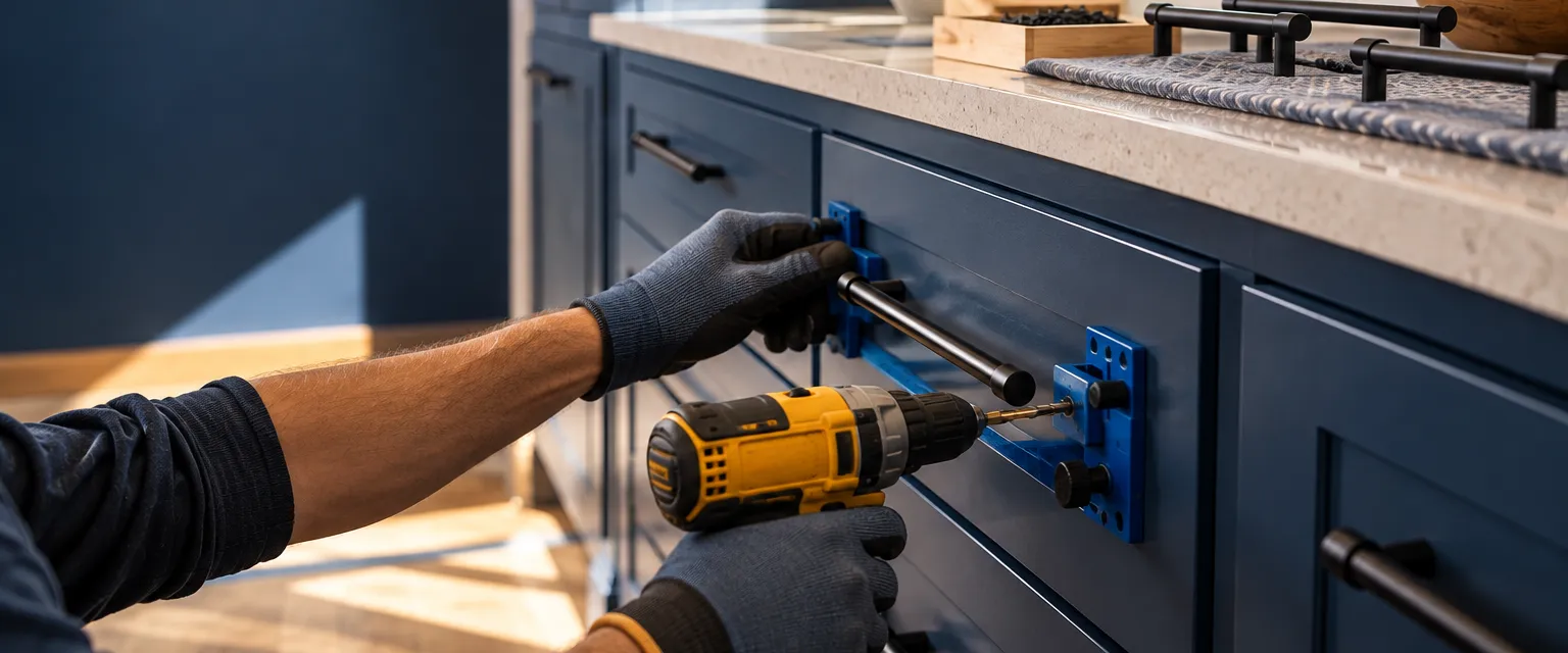 Gloved hands using a drilling jig to mount matte black bar pulls on navy drawer fronts, a tray of screws and spare pulls on the counter