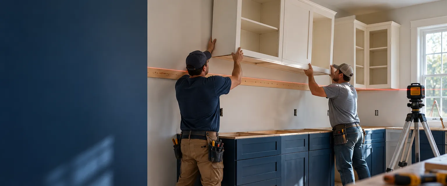 Two installers lifting a white upper cabinet onto a ledger board along a level line, lower cabinets set below and a laser level on a tripod