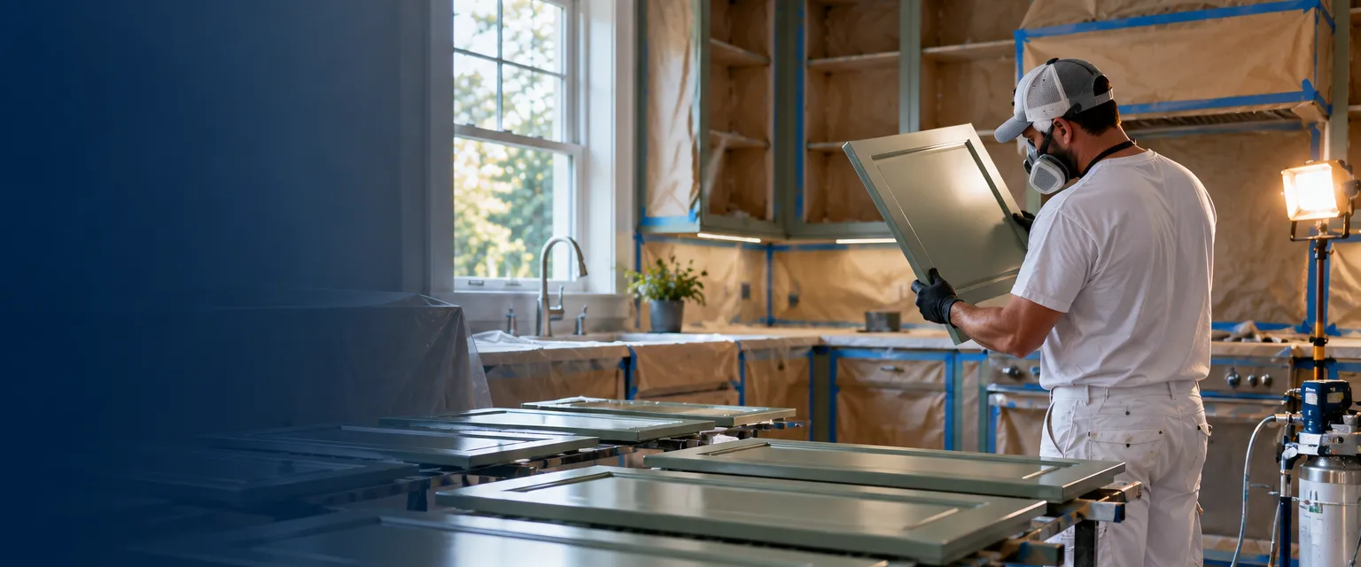 Cabinet doors laid flat on drying racks, freshly sprayed sage green, and a painter in a respirator inspecting one under a work light