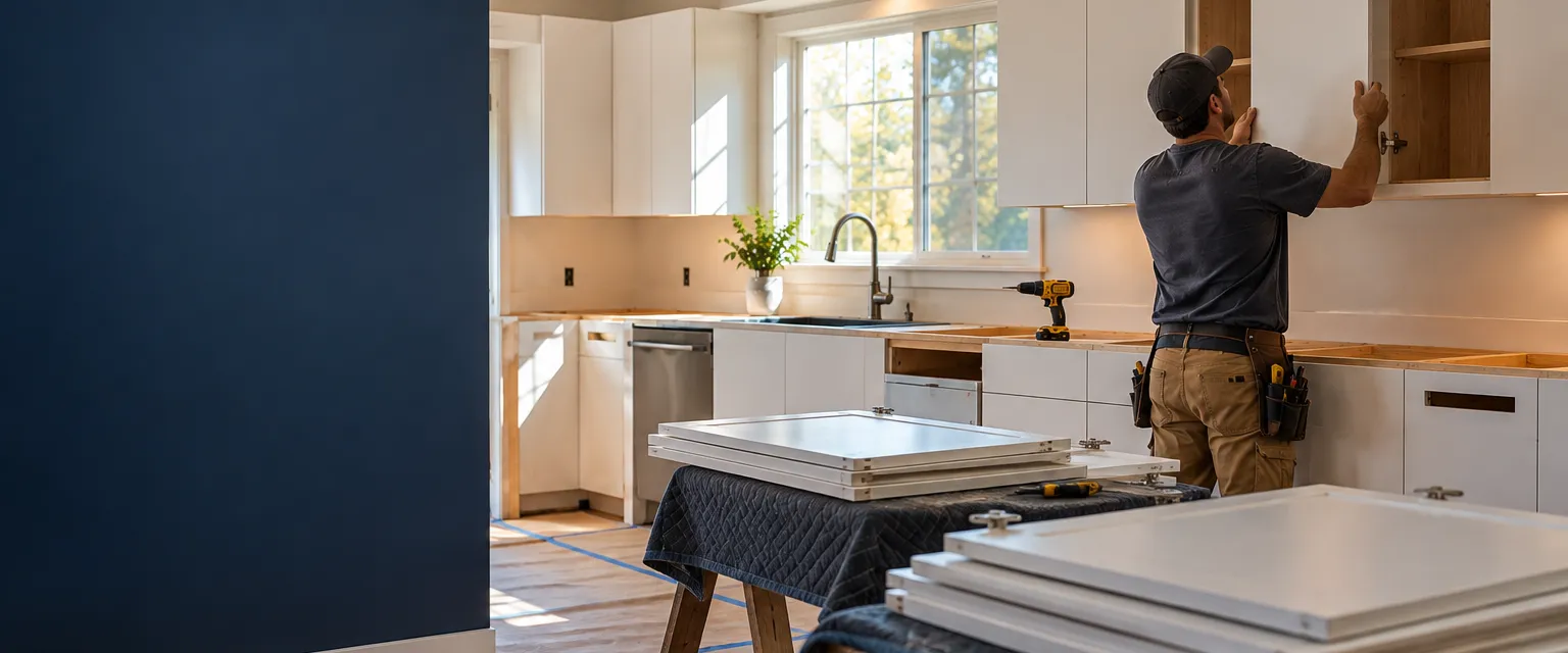 A mid-project kitchen where the old cabinet boxes are covered in fresh white veneer and new slab doors wait on padded sawhorses