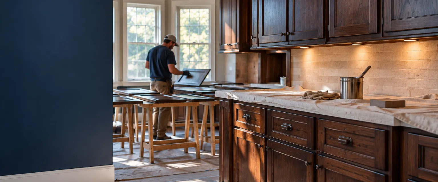 Kitchen cabinets refinished in a rich espresso stain with the grain showing, doors laid on drying racks behind, drop cloths over the counters