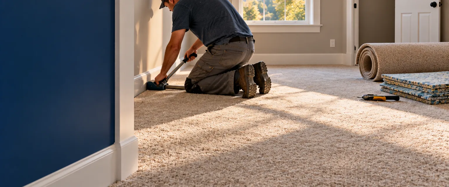 An installer using a knee kicker to seat new oatmeal carpet against the tack strip in an empty bedroom, padding scraps by the closet