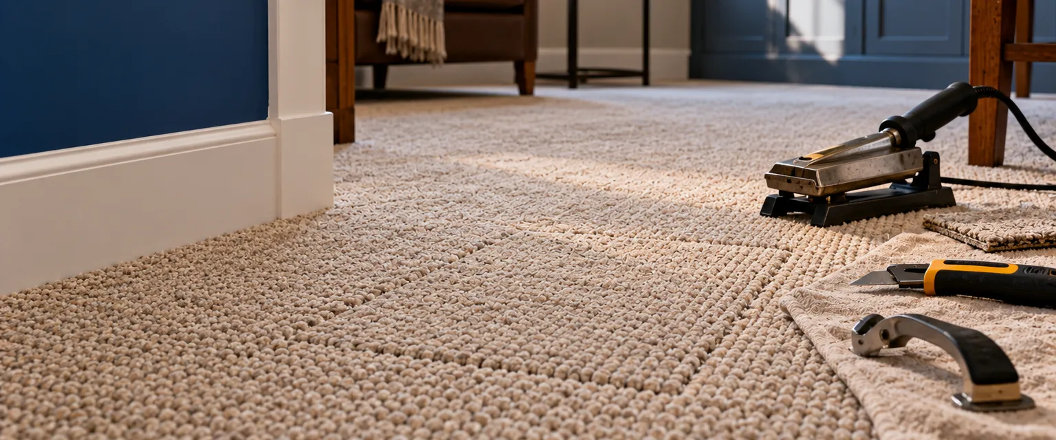 A beige Berber carpet with a small square patch seamed in, a seaming iron on its stand and a carpet knife on a towel nearby