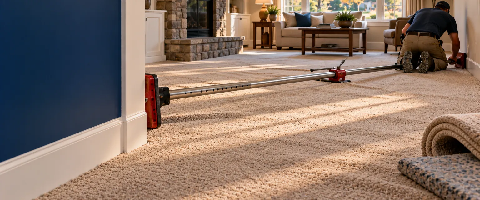 A long living room with wall-to-wall carpet being power-stretched, the stretcher pole spanning the room and ripples smoothing out