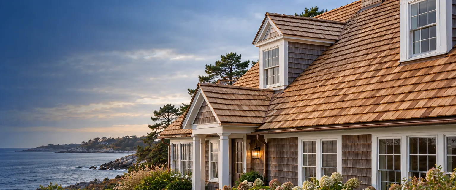 A coastal cottage with a thick honey-toned new cedar shake roof, rough split textures and deep shadow lines, white trim windows and hydrangeas below