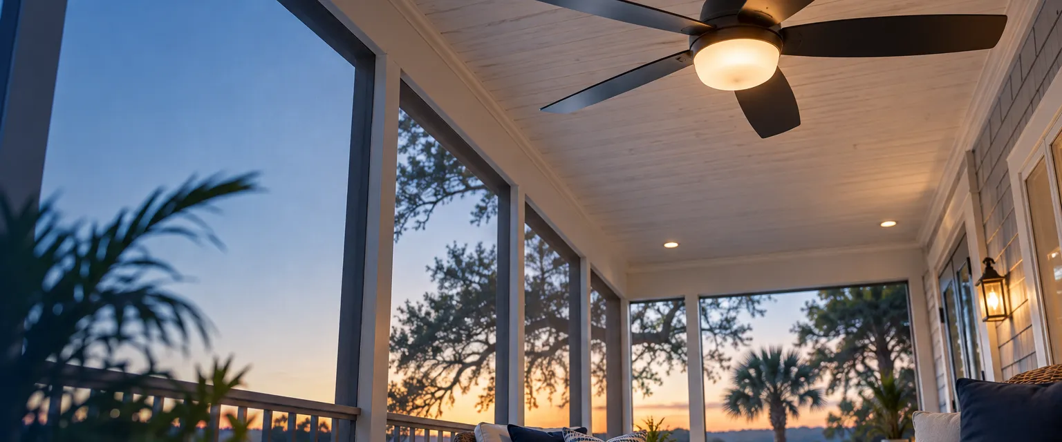 A ceiling fan with matte black blades and a frosted light kit turning slowly above a screened porch with a whitewashed tongue-and-groove ceiling and wicker chairs