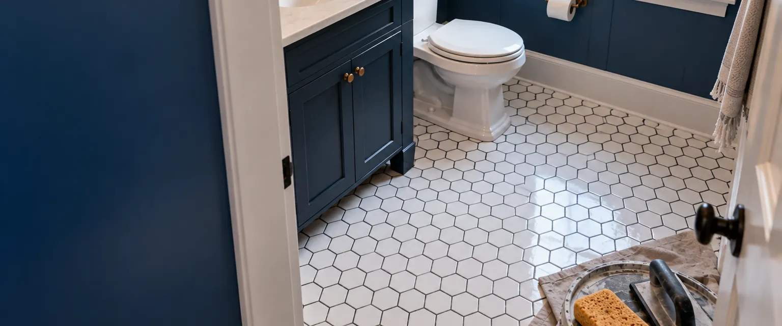 A small guest bathroom floor of glossy white ceramic hexagon tile with charcoal grout, a sponge and grout float on a bucket lid